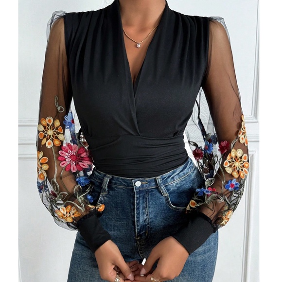 Luxe Floral Crochet V neck Fitted Semi Sheer Long Sleeve Top - Picture 1 of 6